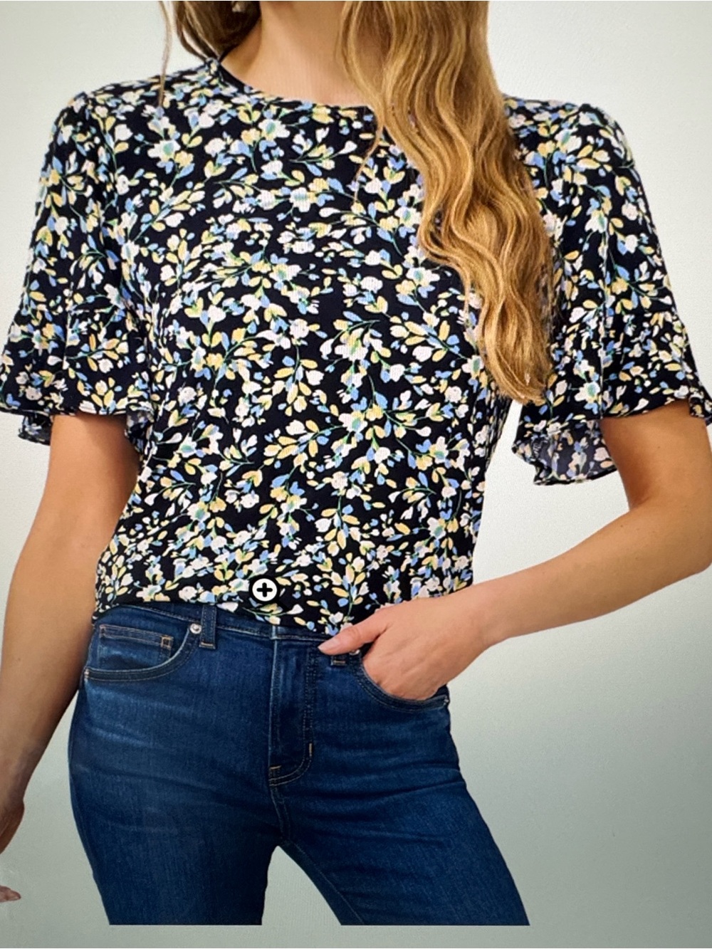 CeCe Black Floral Flutter-Sleeve Blouse